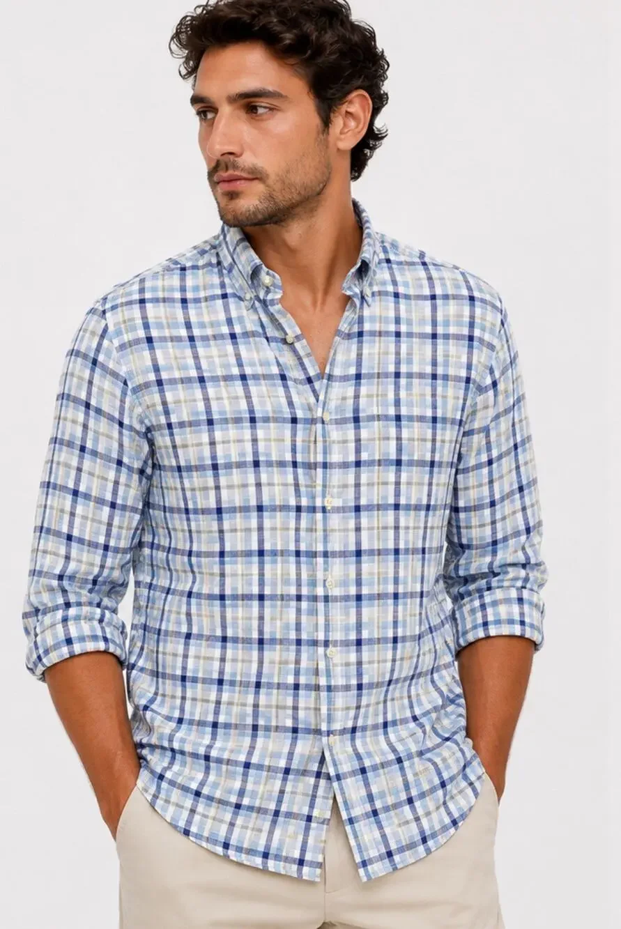 Preppy Linen Banana Republic Camden Standard Fit Button Down Shirt L Blue Plaid
